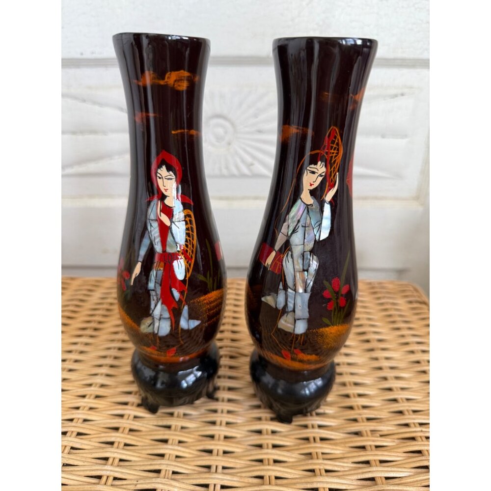 Vintage MCM Pair Lacquer wood footed Vases Inlaid Shell Geisha Girls